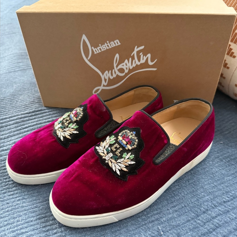 Christian Louboutin Logo Boat Velvet Flats | Version Figue | Size 38.5